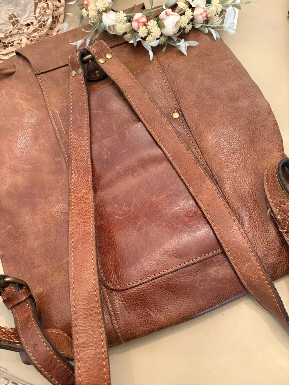 Patricia Nash Rustic Brown Leather Backpack with Canvas Logo Pouch